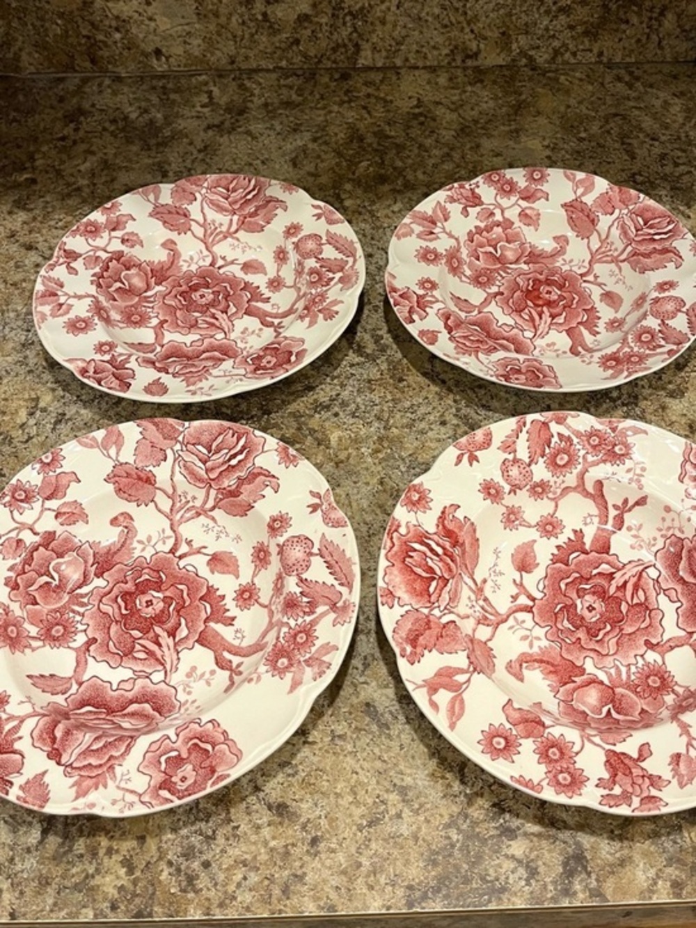 Vintage Johnson Brothers English Chippendale Red Floral Shallow Soup Bowls set 4